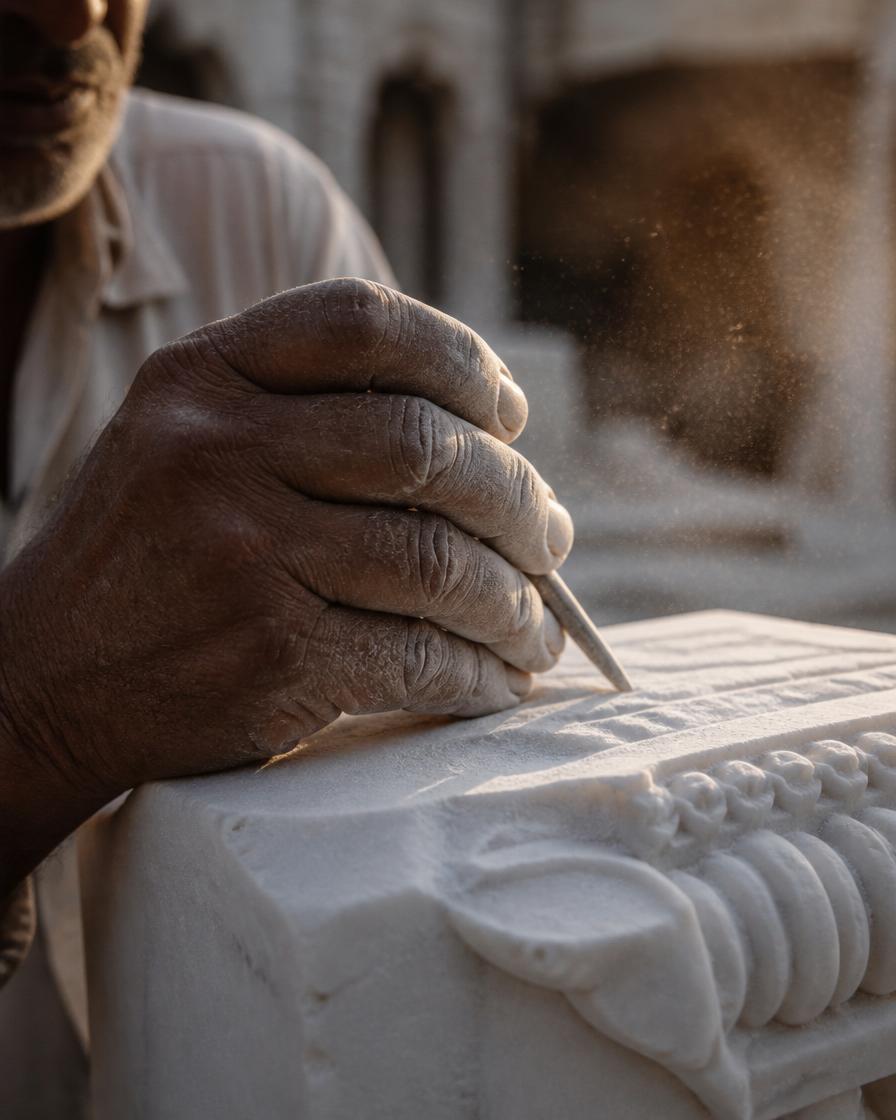 Artisan hand chiselling white marble