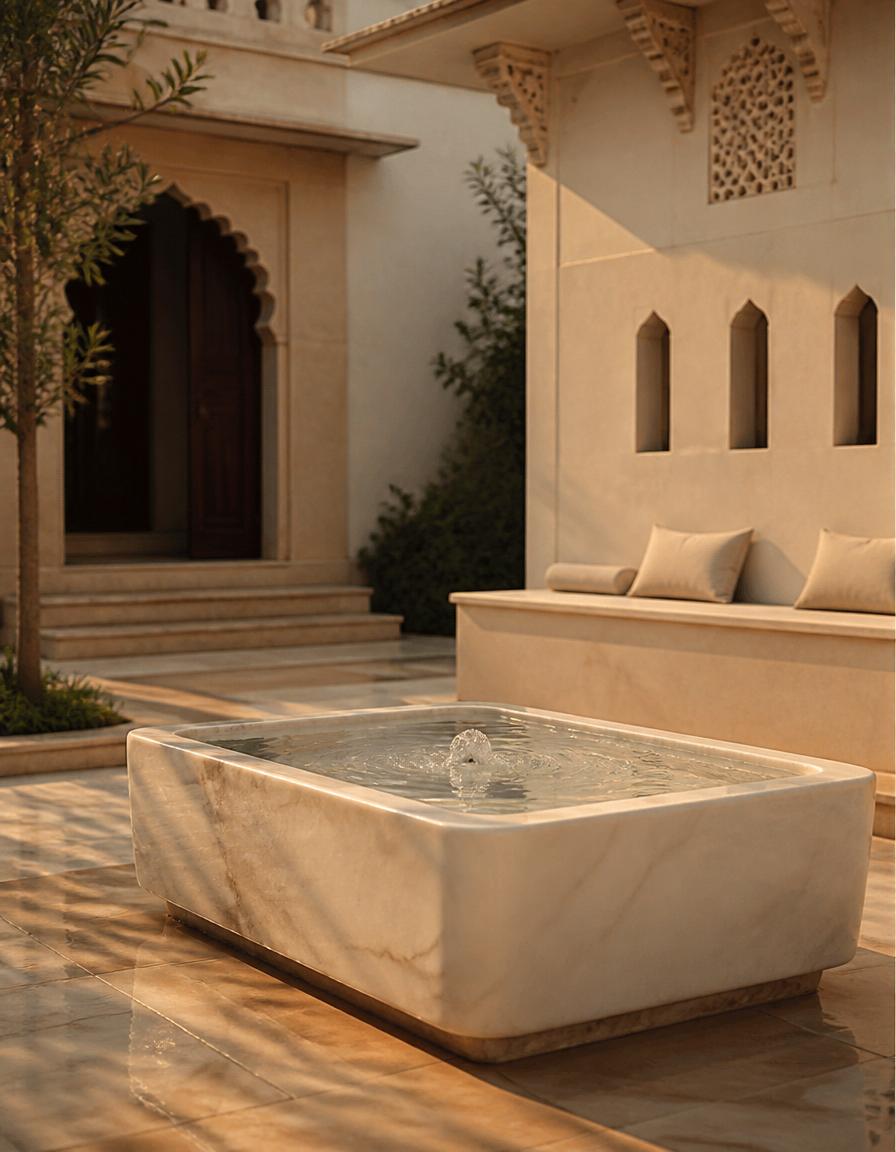 Hand-carved marble fountain in sunlit courtyard