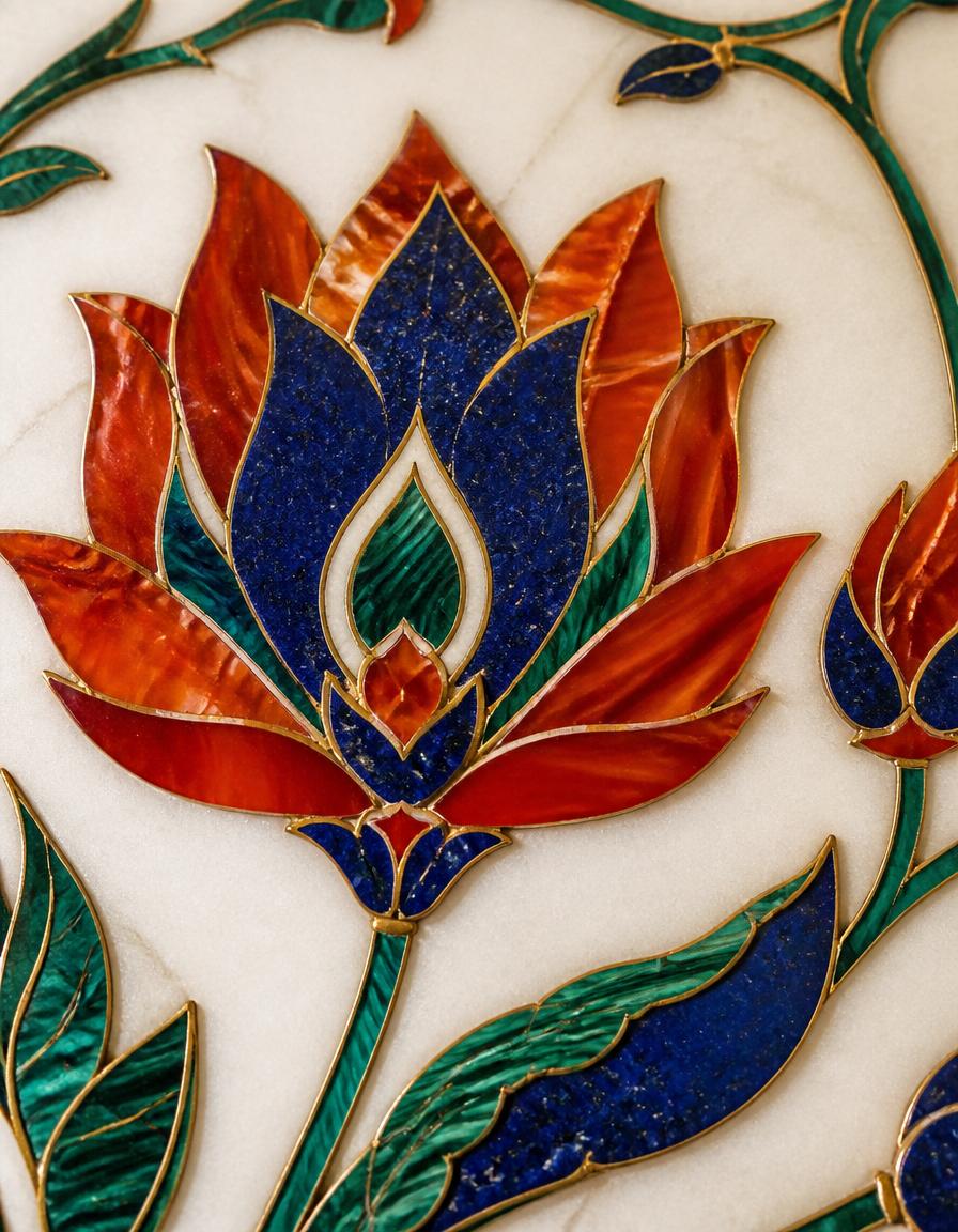 Lotus pietra dura inlay on white marble