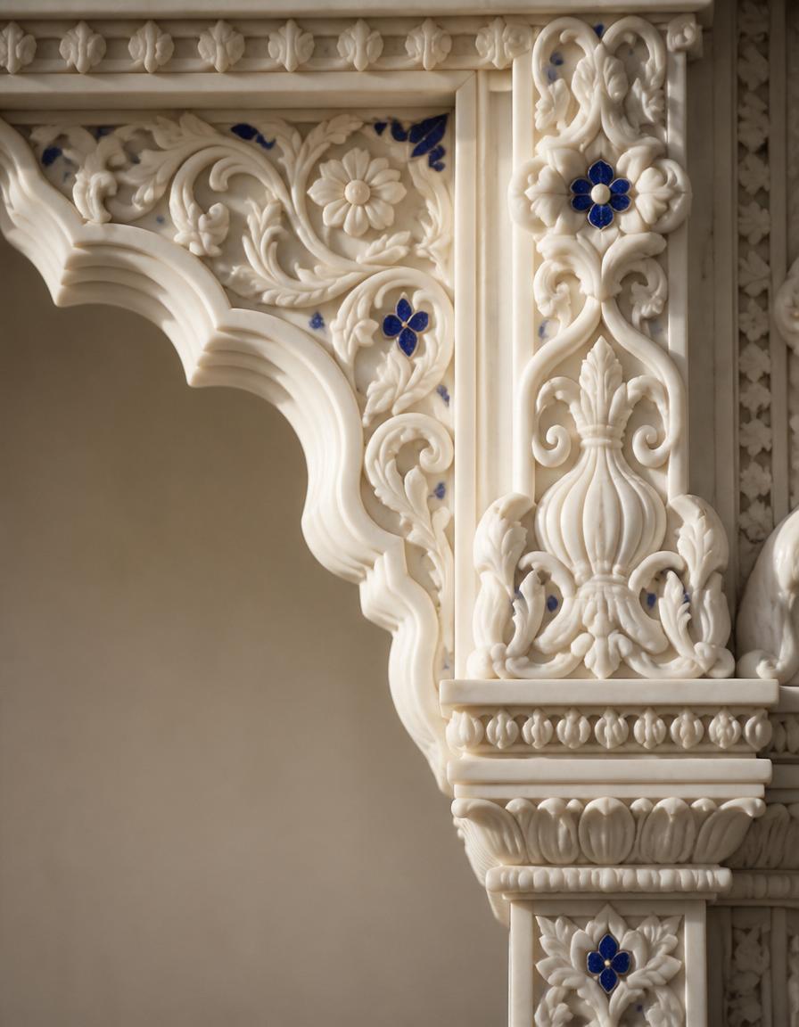Close-up of carved marble arch with lapis lazuli inlay accents