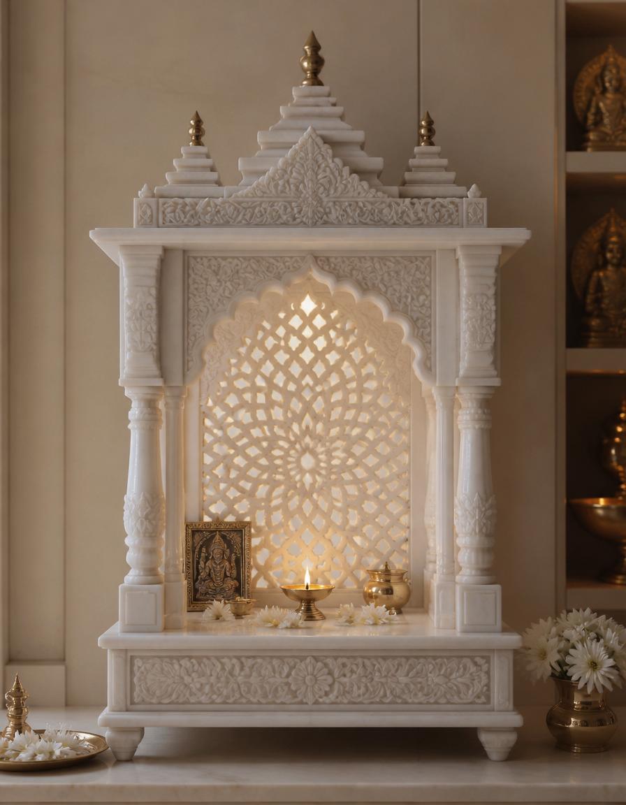 White marble home temple with fine jali lattice back panel