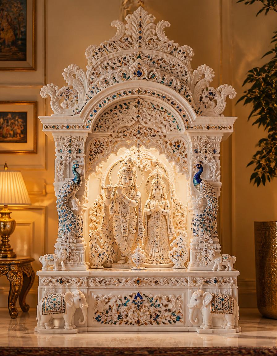 White marble home temple with peacock arch and blue pietra dura inlay